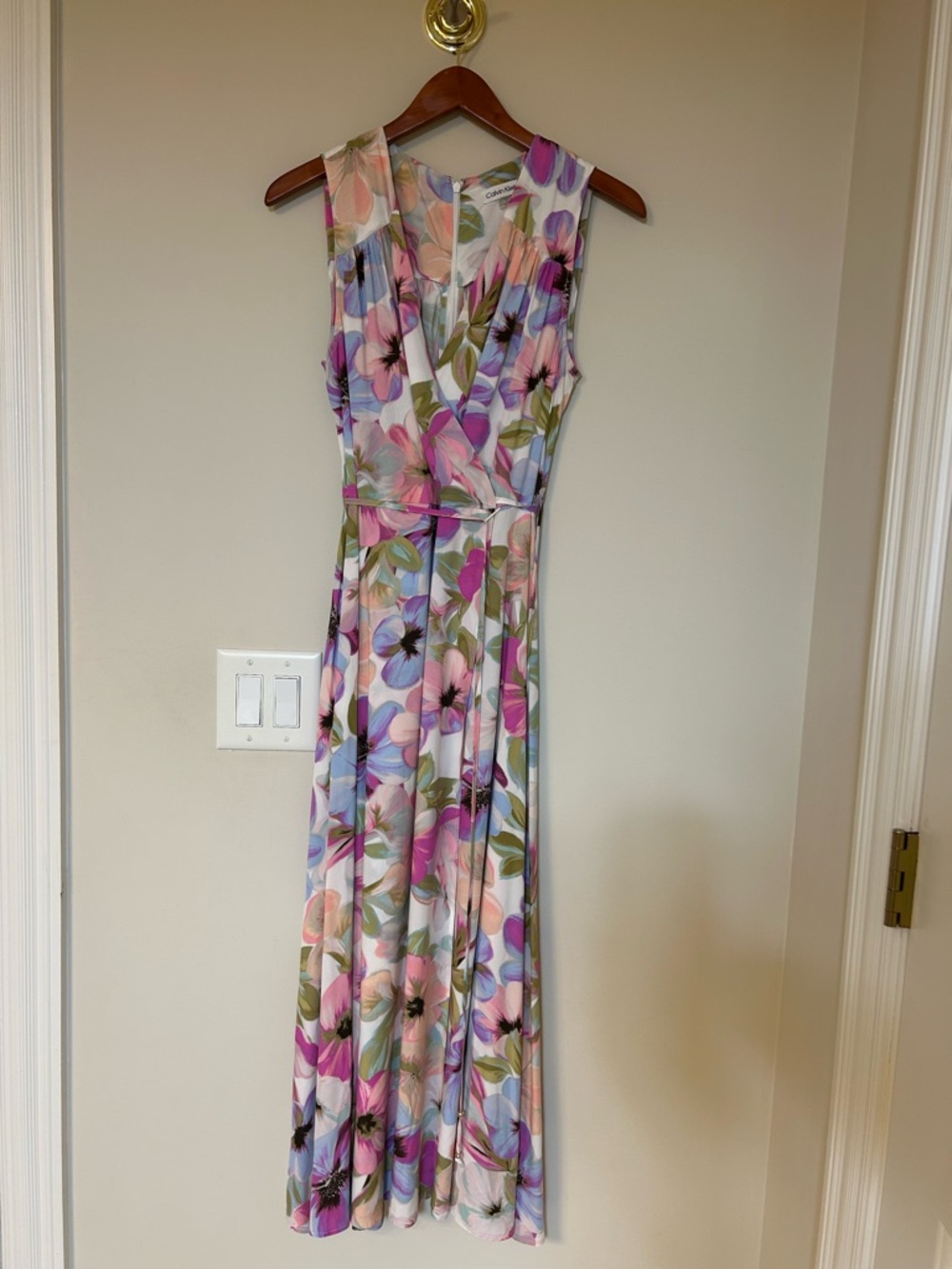 Calvin Klein Sleeveless Floral Maxi Dress in Pink, Lavender and Green